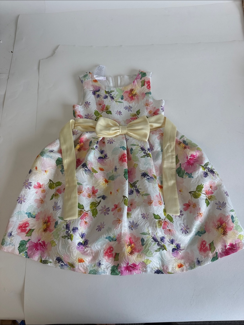 Bonnie Jean White Floral Dress with Yellow Bow Sash